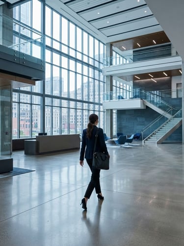 Wide corporate lobby, modern architectural lines, bright natural office light, cool blue and slate tones, sharp focus, architectural depth, a single professional figure walking to the right, view from behind.