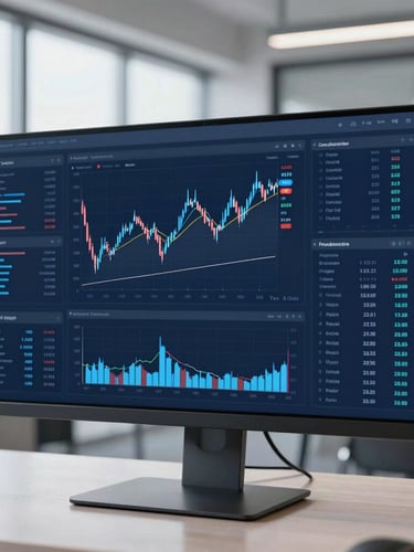 Clean, modern data visualization interface on a large monitor, displaying complex financial graphs and predictive analytics, cool blue and slate tones, sharp focus, professional corporate photography.