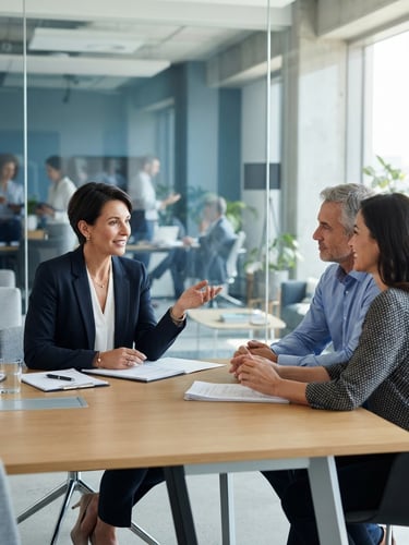 A medium shot of a professional mediator in a modern, sunlit office setting, engaged in a calm and collaborative dialogue. The background features clean glass partitions with soft reflections of cool blue and slate tones, sharp focus, and architectural depth.