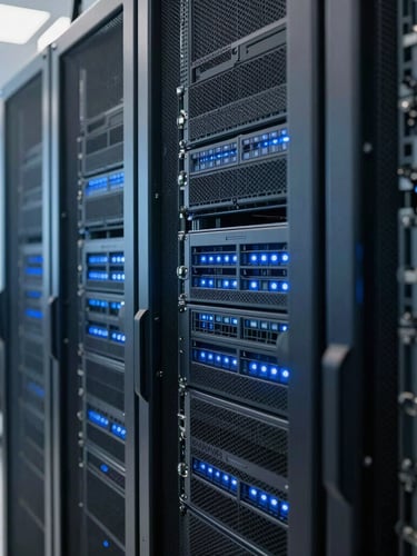Close-up of a secure data center server rack with blinking lights, cool blue tones, sharp focus, natural office light