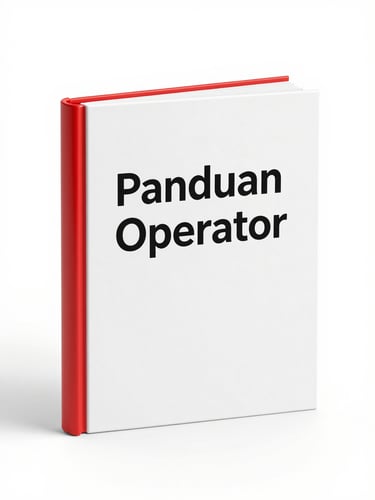 High-fidelity 3D book mockup of Panduan Operator, vibrant red accents, clean studio lighting, sharp focus, modern tech aesthetic