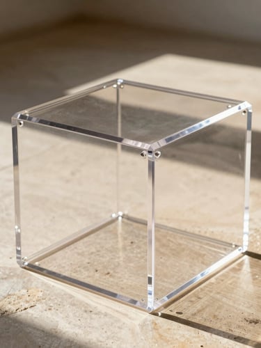 Crisp architectural photography of a clear acrylic display ottoman in sharp afternoon sunlight, casting high-contrast shadows on a warm stone floor.