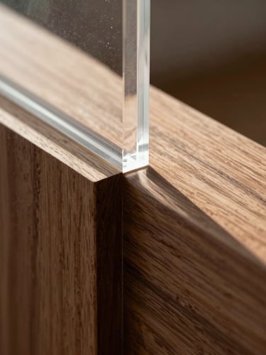 Macro close-up of clear optical-grade acrylic joining solid walnut wood, sharp afternoon sunlight casting geometric shadows, 50mm lens