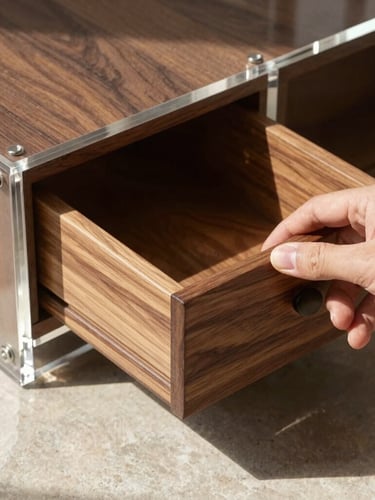 Macro shot of a hand sliding a solid walnut drawer out of a thick-walled clear acrylic shell, sharp afternoon shadows cast on a light stone floor, architectural photography