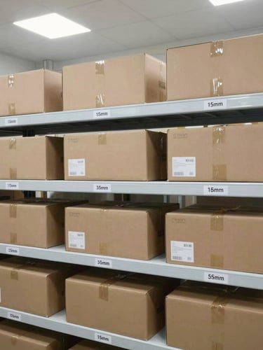 High-definition photo of an organized warehouse shelf with labeled parcels under bright industrial studio lighting