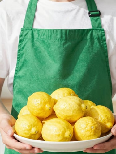 Close-up of 12-year-old Richard in a green kitchen apron holding a basket of fresh lemons, bright high-key natural sunlight, sharp happy shadows.
