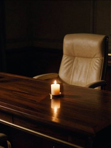 Cinematic medium shot of a dimly lit luxury office desk, warm golden candlelight reflecting on dark wood, an elegant leather chair, deep shadows, 35mm film style