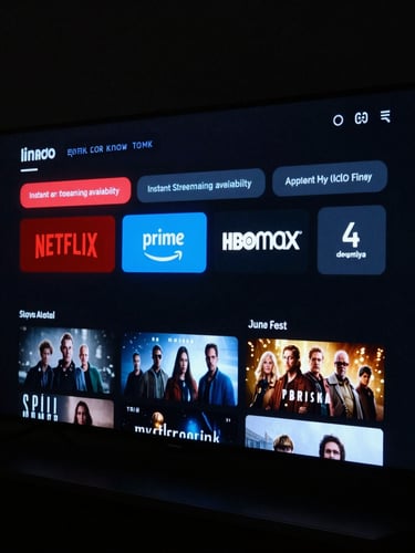 A sleek dark-mode user interface mockup on a television screen, displaying a movie detail page with instant streaming availability tags for Netflix, Prime, and HBO Max, soft blue ambient glow, high contrast.