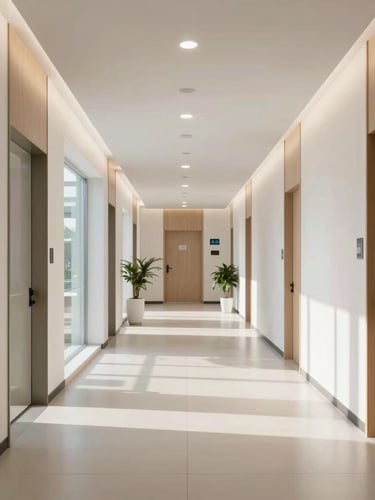 Modern and bright architectural shot of an upscale medical clinic hallway, clean daylight casting soft shadows, representing clinical precision and organization.