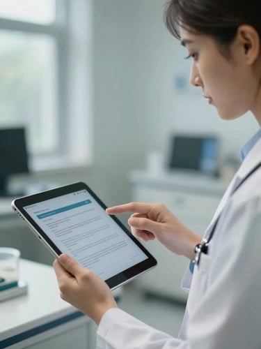 Close-up of a doctor in a modern clinical setting focusing on a tablet screen, soft natural daylight, premium clinical-corporate atmosphere.