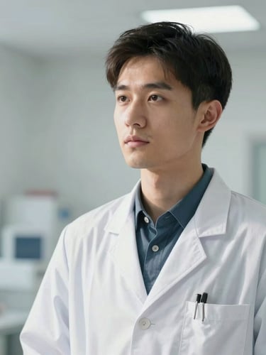 Medium portrait of a young doctor in a modern clinical setting, looking thoughtfully slightly off-camera, bright clean natural daylight, soft clinical whites.