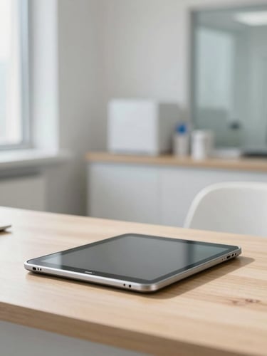 Medium environmental shot of a modern clinical office, bright natural daylight, a tablet resting on a clean wooden desk, soft clinical whites, premium atmosphere