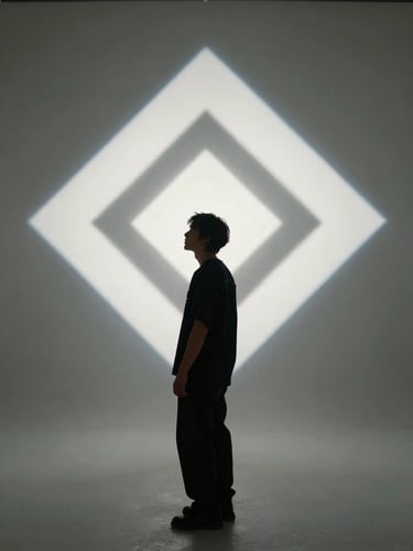 Full-frame video still from a music video production — a solo artist silhouetted against a large projected geometric light pattern on a studio wall, controlled strobe lighting, high contrast, no visible crew