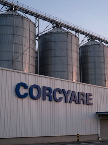 Wide environmental shot of a grain storage facility exterior at dusk, bold corporate signage applied to the facade visible in the foreground, clean industrial architecture, available light with no warmth, no people in frame