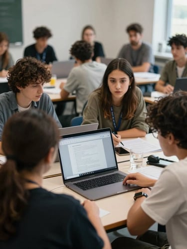 Wide environmental shot of a small group workshop in progress, participants looking at a shared laptop screen showing practice test results, natural ambient light, mid-conversation moment