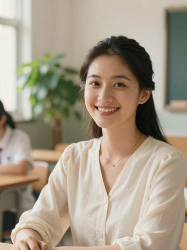 A warm, natural portrait of a female educator smiling in a sunlit classroom, soft green plants in the background, shallow depth of field, 35mm
