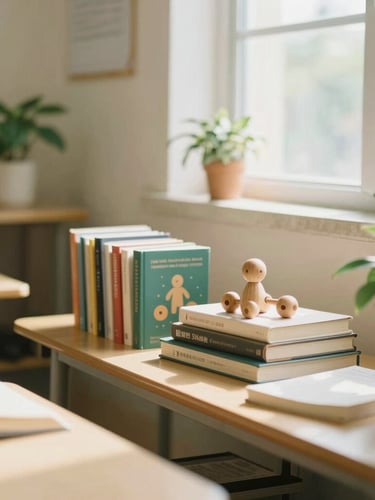A warm, sunlit classroom corner with books, wooden toys, and soft green plants, 35mm photography