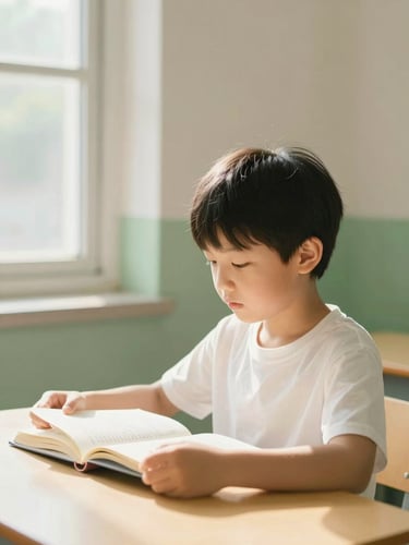 Warm editorial photography of a child reading in a sunlit corner of a classroom, soft natural window light, gentle cream and green tones, shallow depth of field, 35mm