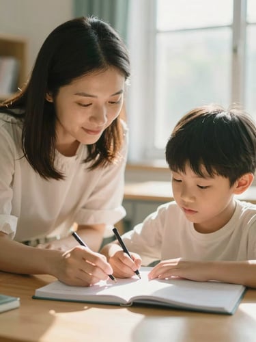 A focused tutoring moment in a sunlit room, a teacher guiding a child over a notebook, warm editorial photography, soft natural window light, 35mm