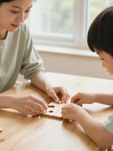 Hands-on learning moment with a teacher and child building a wooden puzzle together on a light wood table, warm natural window light