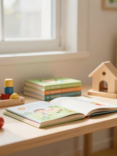 A bright, sunlit classroom corner with wooden toys and children's books neatly arranged, soft natural window light, warm cream tones, shallow depth of field.
