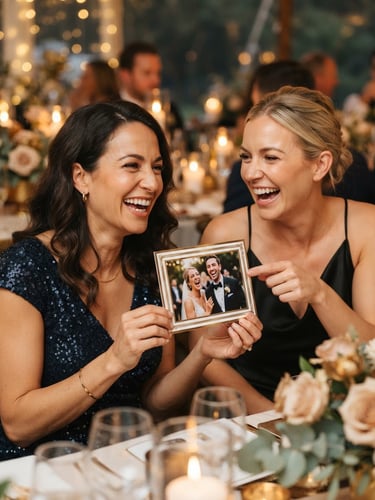 Close-up of elegant wedding guests laughing and holding high-quality printed photos with custom gold borders, warm ambient event lighting, shallow depth of field