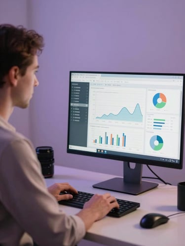Close-up medium shot of a confident creator at a well-lit studio desk, reviewing campaign analytics on a monitor, soft purple-tinted key light from the left, clean background with slight depth of field