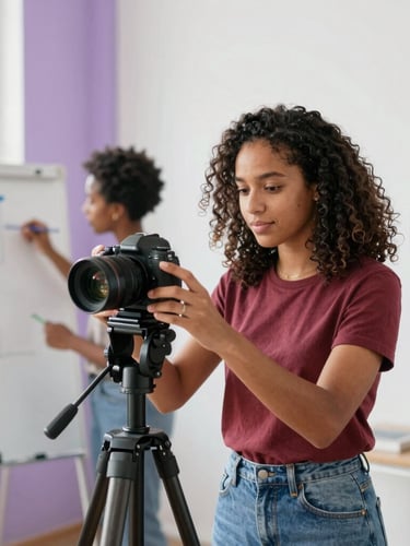 A young Brazilian woman content creator adjusting a camera on a tripod in a bright modern studio, a colleague in the background planning on a whiteboard, soft purple accents, warm natural daylight, 35mm.