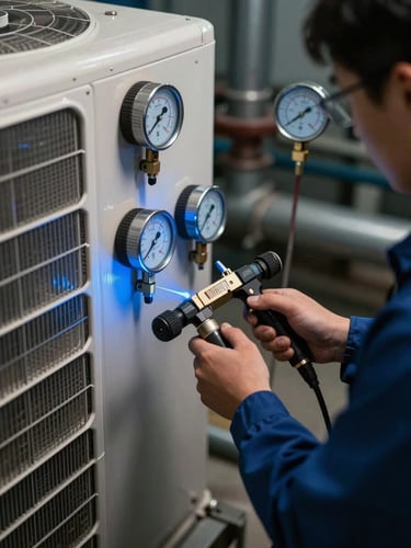 Technician performing a pressure test on an industrial HVAC coil, monitoring digital gauges, cool blue cathode lighting, high-contrast dark environment.