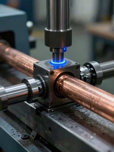 Extreme close-up of copper tube bending machine in an industrial workshop, cold blue rim lighting on metallic surfaces, raw steel textures, cinematic depth of field.