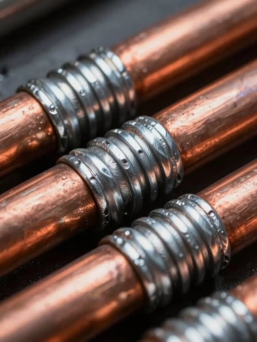 Macro shot of industrial copper tubes with TIG welded aluminum fins, high contrast cool rim lighting on raw metallic surfaces.