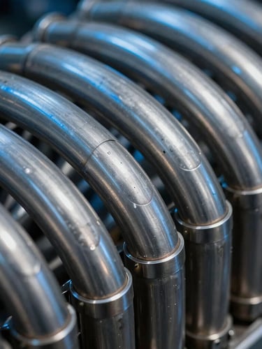 Extreme close-up of industrial heat exchanger tube sheet, stainless steel tubes perfectly aligned, dramatic cool blue rim lighting on metallic edges, high contrast.