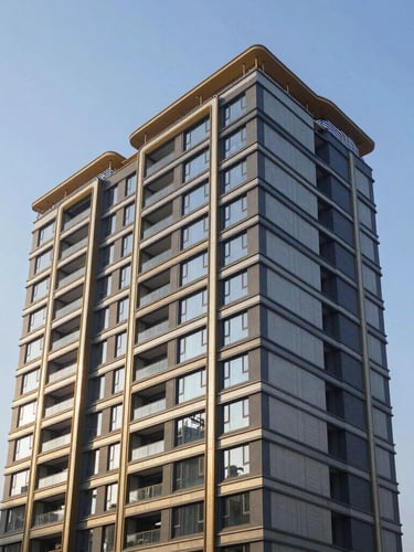 Wide architectural angle of a modern multi-family development under construction, crisp morning sunlight casting long shadows, structural steel details, deep navy and gold tones, 35mm lens.