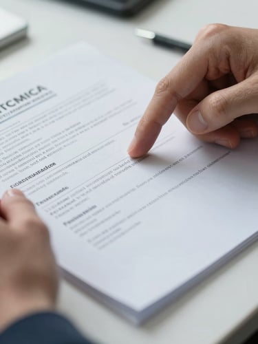 Extreme close-up of two hands holding a printed financial document over a white desk, index finger pointing at a line of text, cool bright studio daylight from the left, crisp focus on the paper edge and fingertips, minimal background