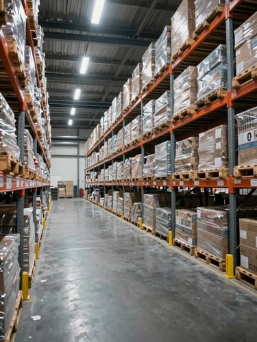 Wide interior shot of an organized warehouse floor under cool overhead lighting, tall steel racking systems with palletized cargo in uniform rows, clear sightlines across the floor, no workers, no text, industrial precision