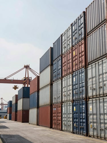 Wide industrial container yard at midday, overcast daylight, rows of sealed steel containers stacked three-high extending to the right edge, a single gantry crane visible in the background left, cool flat lighting revealing the scale and order of the operation