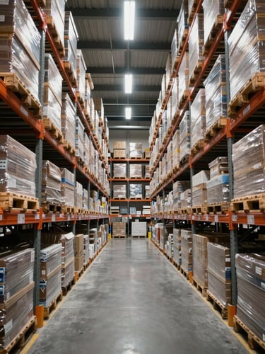 Organized warehouse interior shot from a wide angle, tall racking systems loaded with palletized cargo on both sides of a clear central aisle, cool overhead industrial lighting, no staff visible, operational precision evident in the layout