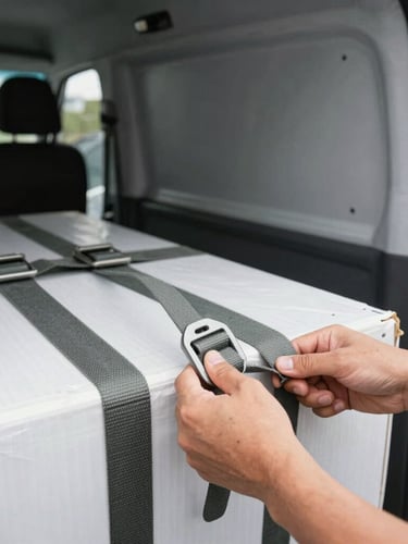 Close-up of hands securing cargo with heavy-duty ratchet straps inside a clean transit van, natural overcast daylight