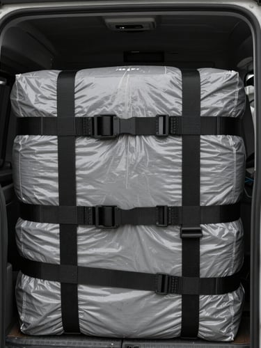 Close-up of thick black ratchet straps securing heavy cargo inside a clean transit van, natural overcast daylight, realistic desaturated tones, 35mm lens.