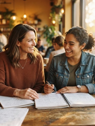 Medium close-up of a mentor and student in collaborative discussion over notebooks, warm natural golden-hour window light, shallow depth of field, 35mm film aesthetic.