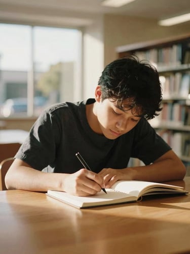 A student focused on writing in a notebook at a wooden table in a Burbank library space, soft outdoor California sunshine filtering through, warm editorial photography.
