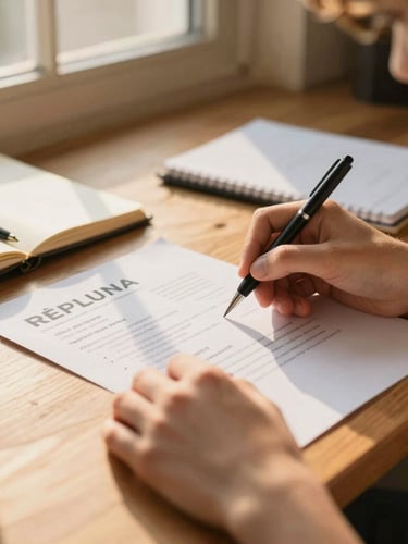 A close-up of a student's hands drafting a resume on a wooden desk, warm golden-hour light streaming through a window, notebooks and coffee cup nearby, shallow depth of field.
