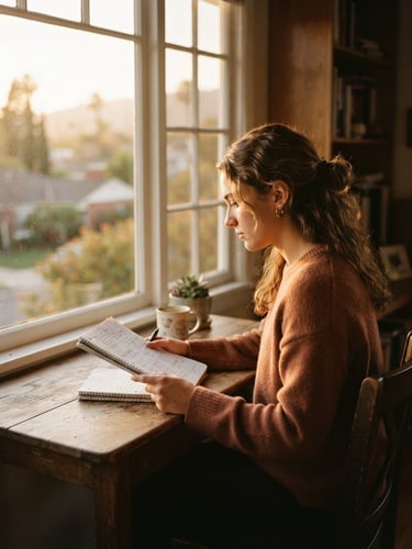 A student reading a notebook by a sunlit window in Burbank, warm golden-hour light, 35mm film aesthetic