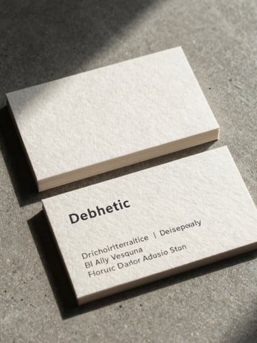 Orthographic flat-lay of heavily textured cotton paper business cards with deep blind debossing, sharp direct sunlight casting long crisp shadows on a concrete floor.