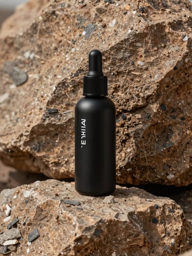 Orthographic view of black matte cosmetic bottles with minimalist white typography, set against a raw high-desert basalt rock texture.