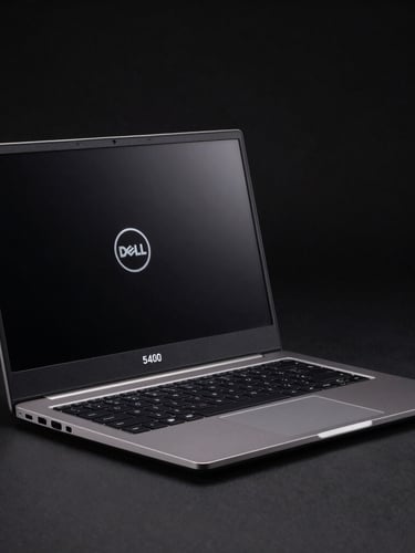 Crisp studio shot of a Dell Latitude 5400 laptop, sleek dark chassis, glowing keyboard, high-contrast dark background with subtle electric blue rim light, 85mm lens