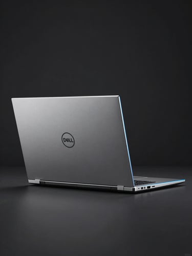 Crisp studio shot of a Dell Latitude 5400 laptop open, sleek chassis, dark minimalist background with electric blue rim light, 85mm lens