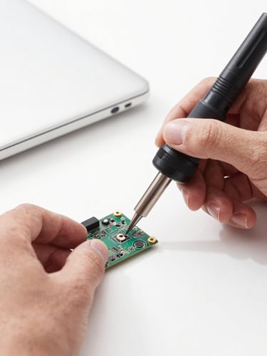 Macro product photography of a professional technician's hands repairing a laptop motherboard with a micro-soldering iron, bright high-key studio lighting, clean white workspace, sharp details, professional technical lighting