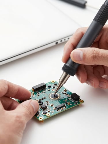 Close-up of a professional technician's hands repairing a laptop motherboard with micro-soldering tools, clean white workspace, bright high-key lighting, macro lens
