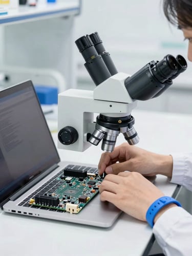 A professional technician wearing an ESD wristband working on a laptop motherboard under a digital microscope, bright clean laboratory environment